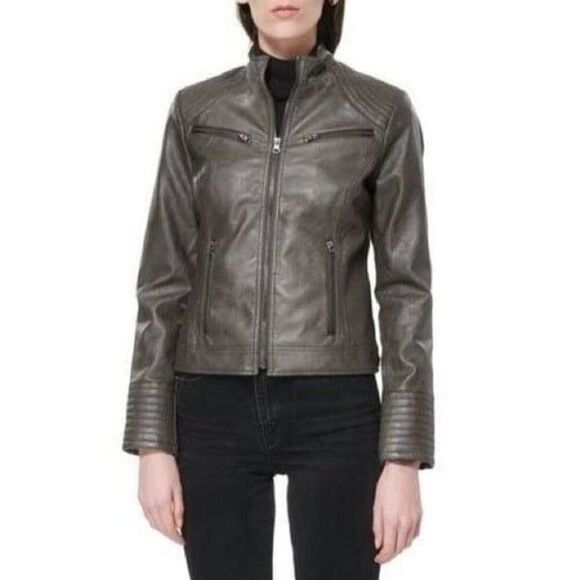 Maralyn & Me Juniors Faux-Leather Charcoal Moto Jacket Gray Extra Small NWT - Picture 1 of 9